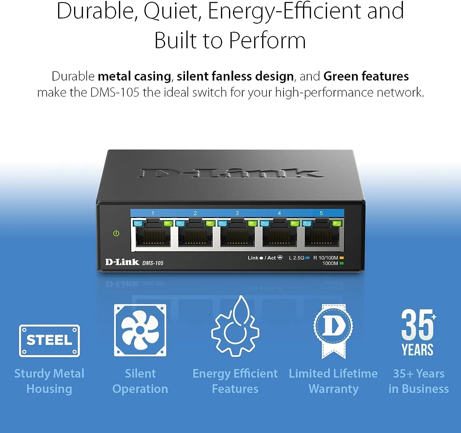 D-Link 5-Port 2.5Gb Unmanaged Gaming Switch (DMS-105) with 5 x 2.5Gb ports - Multi-Gig, Network, Fanless, Plug & Play - Image 4