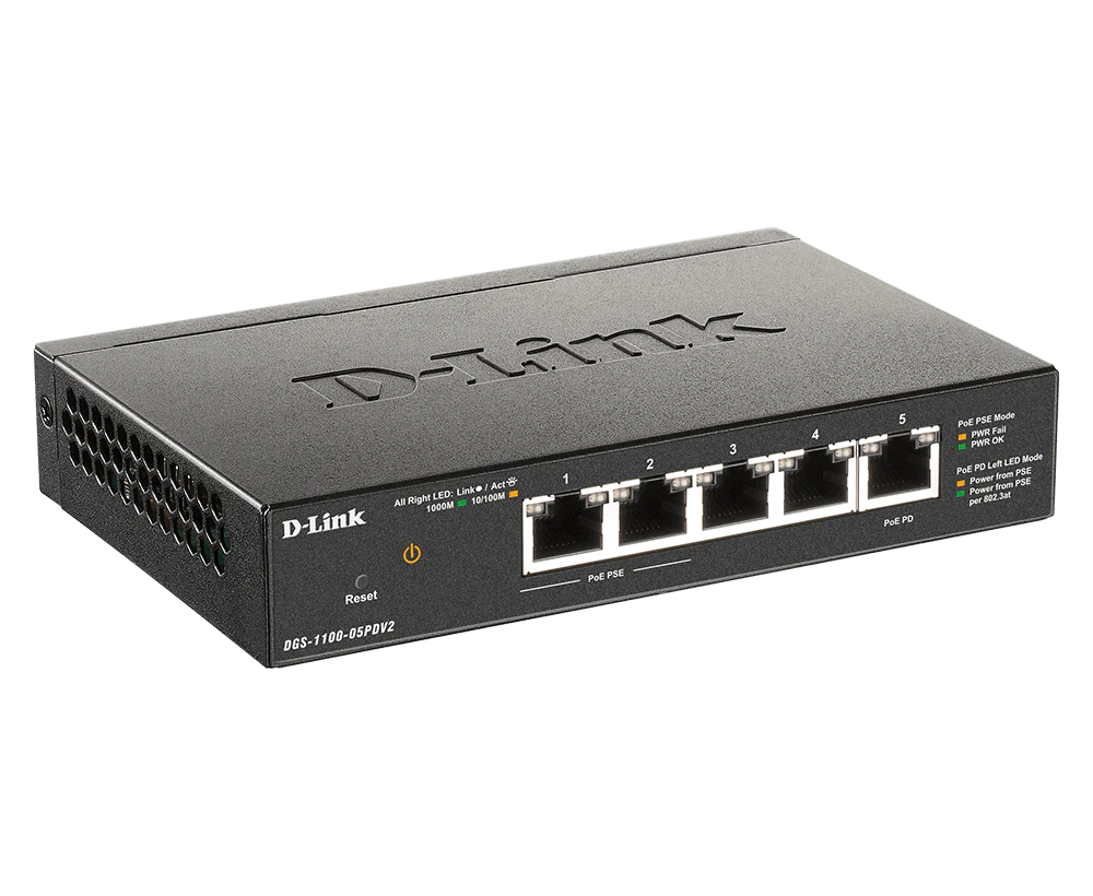 D-Link 5-Port Gigabit Smart Managed PoE-Powered Switch (DGS-1100-05PDV2) | PoE Extender | 2 PoE pass-through ports | Metal Compact| NDAA Compliant - Image 5