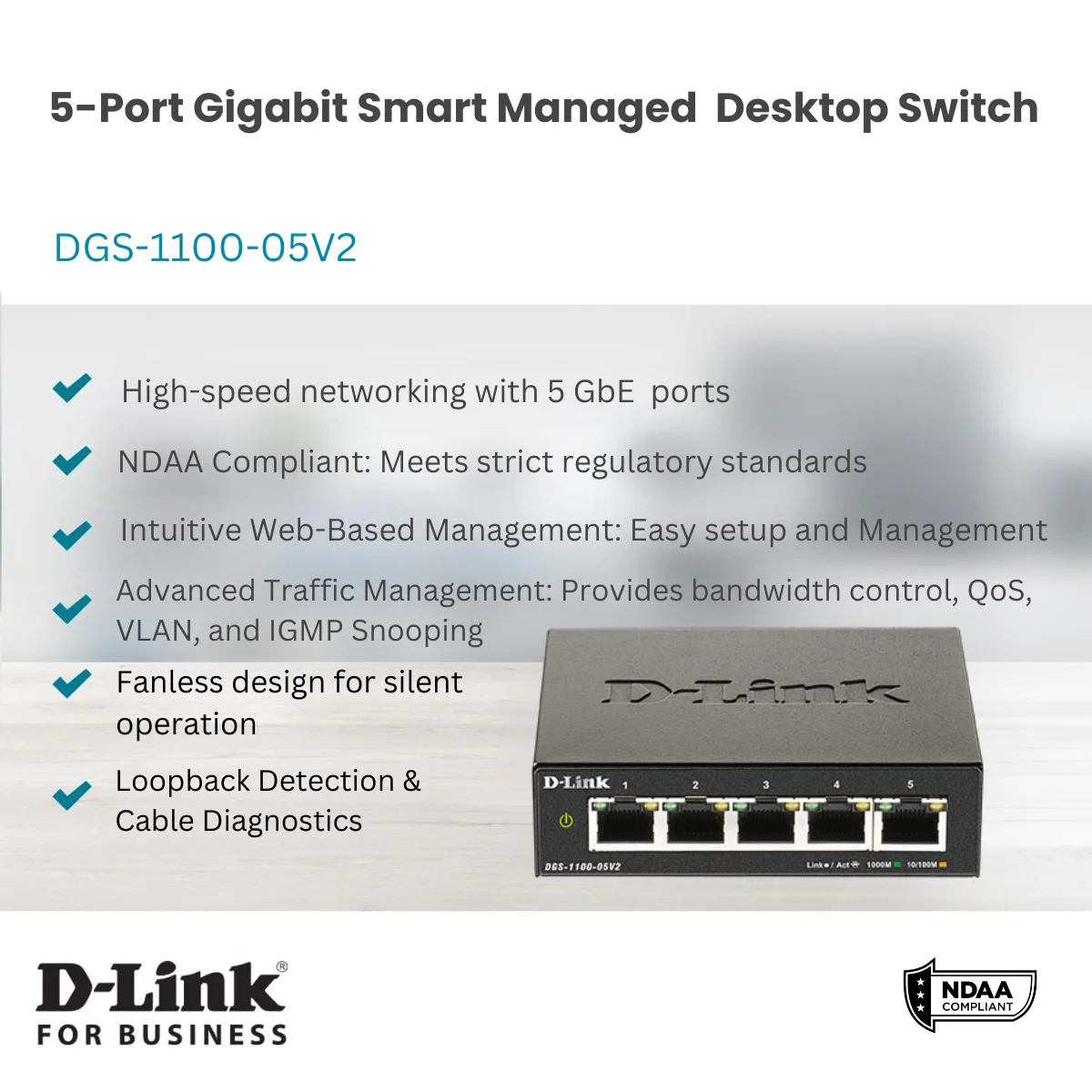 D-Link 5-Port Gigabit Smart Managed Switch (DGS-1100-05V2) Web Managed | Cable Diagnostics | Fanless | Compact Metal Desktop | NDAA Compliant - Image 3