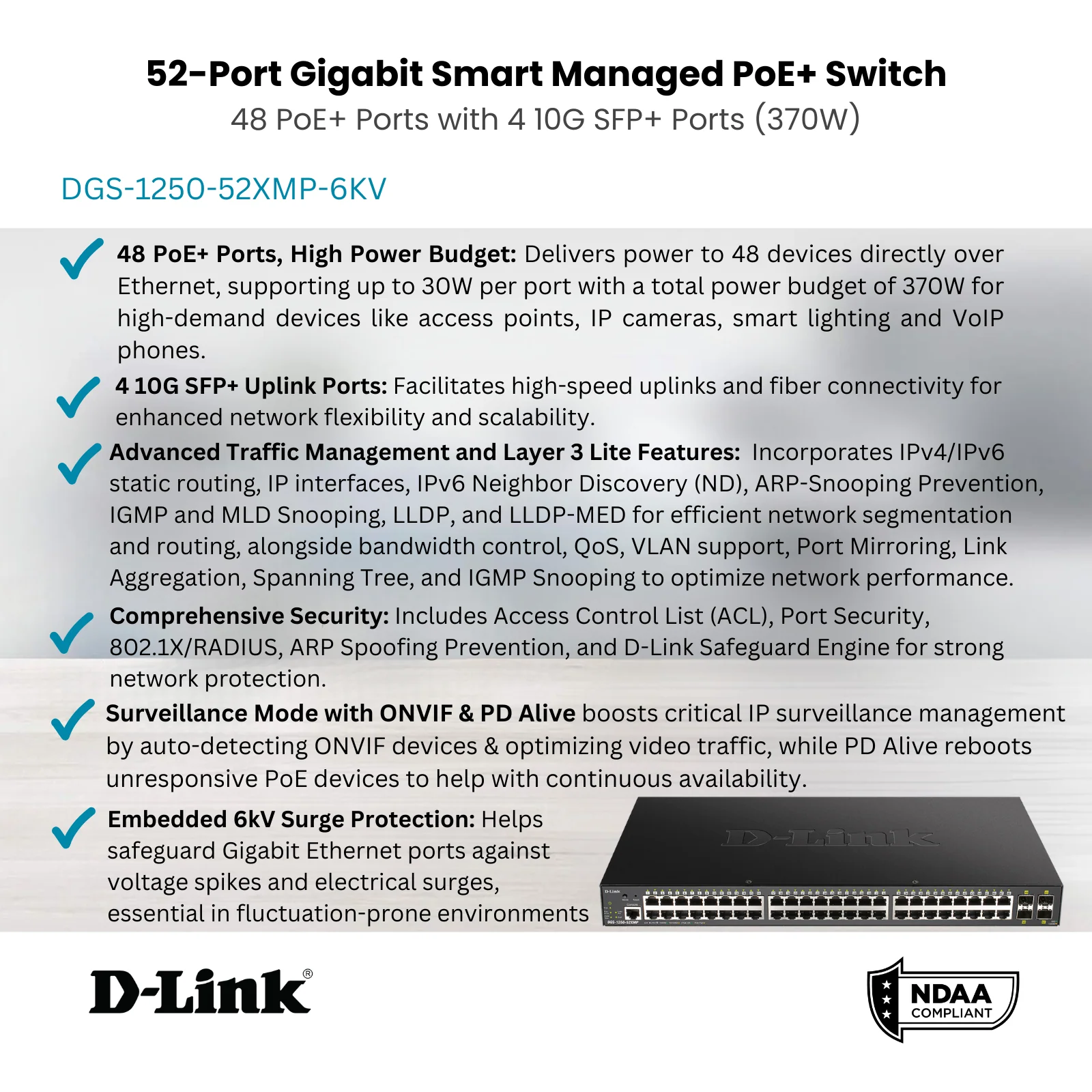 D-Link 52-Port Gigabit Smart Managed PoE+ Switch |48 PoE+ Ports (370W) + 4 10G SFP+ Ports| L3 Lite| Web Managed|Surveillance Mode (DGS-1250-52XMP-6KV) - Image 3
