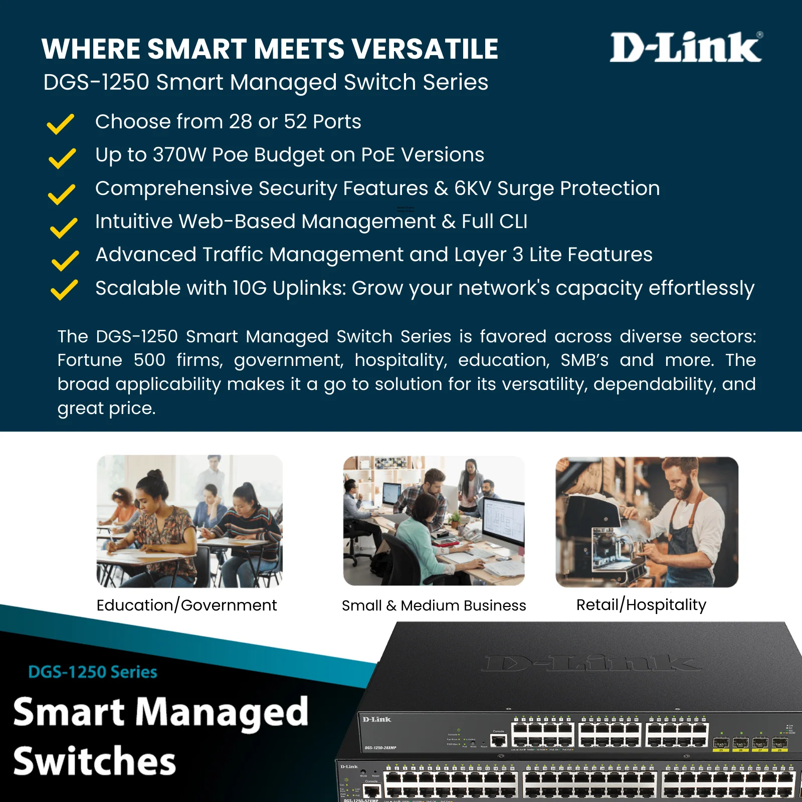 D-Link 52-Port Gigabit Smart Managed PoE+ Switch |48 PoE+ Ports (370W) + 4 10G SFP+ Ports| L3 Lite| Web Managed|Surveillance Mode (DGS-1250-52XMP-6KV) - Image 6