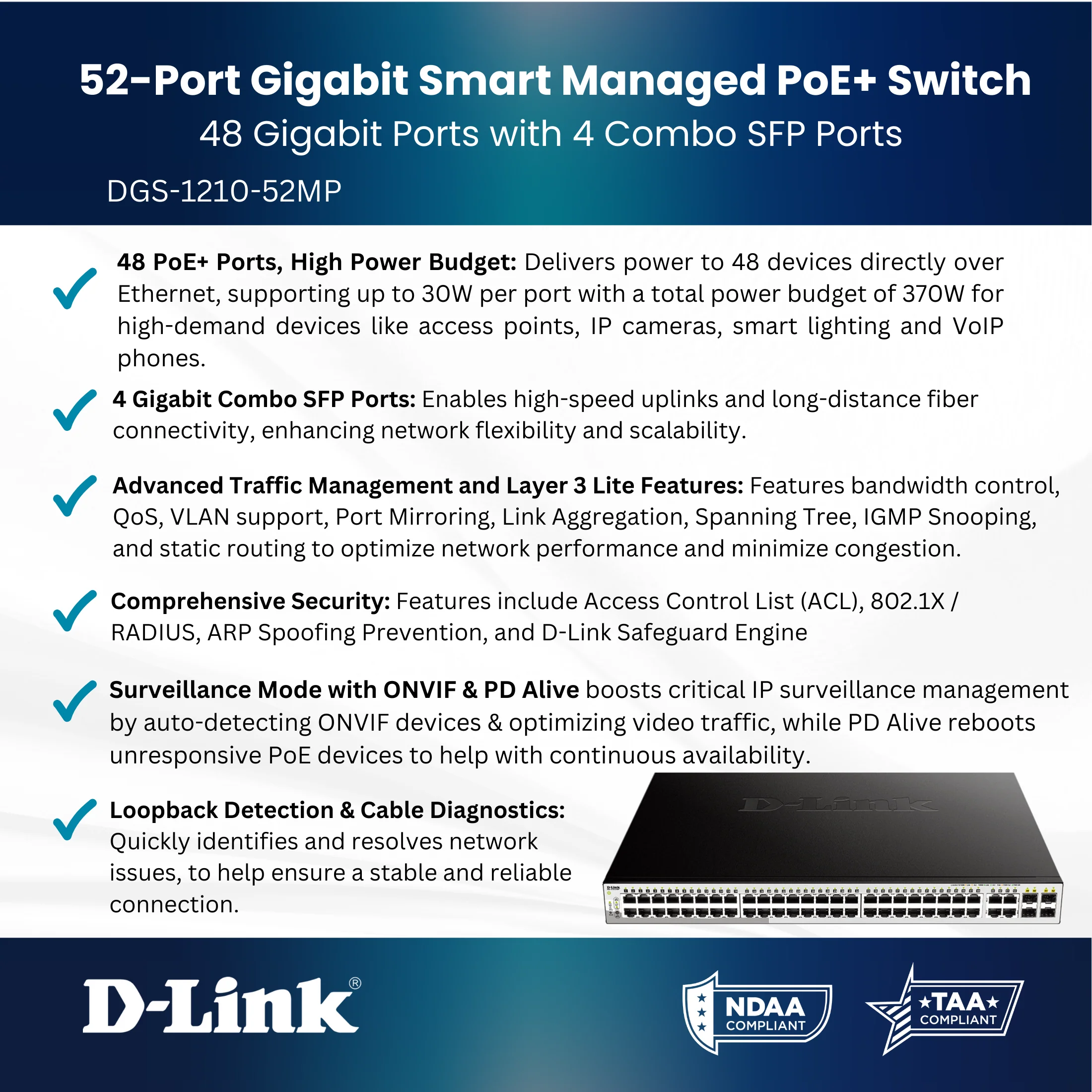D-Link 52-Port Gigabit Smart Managed PoE+ Switch (DGS-1210-52MP), 48 PoE+ Ports (370W) + 4 Combo SFP Ports. L3 Lite, Follows NDAA/TAA (DGS-1210-52MP) - Image 3