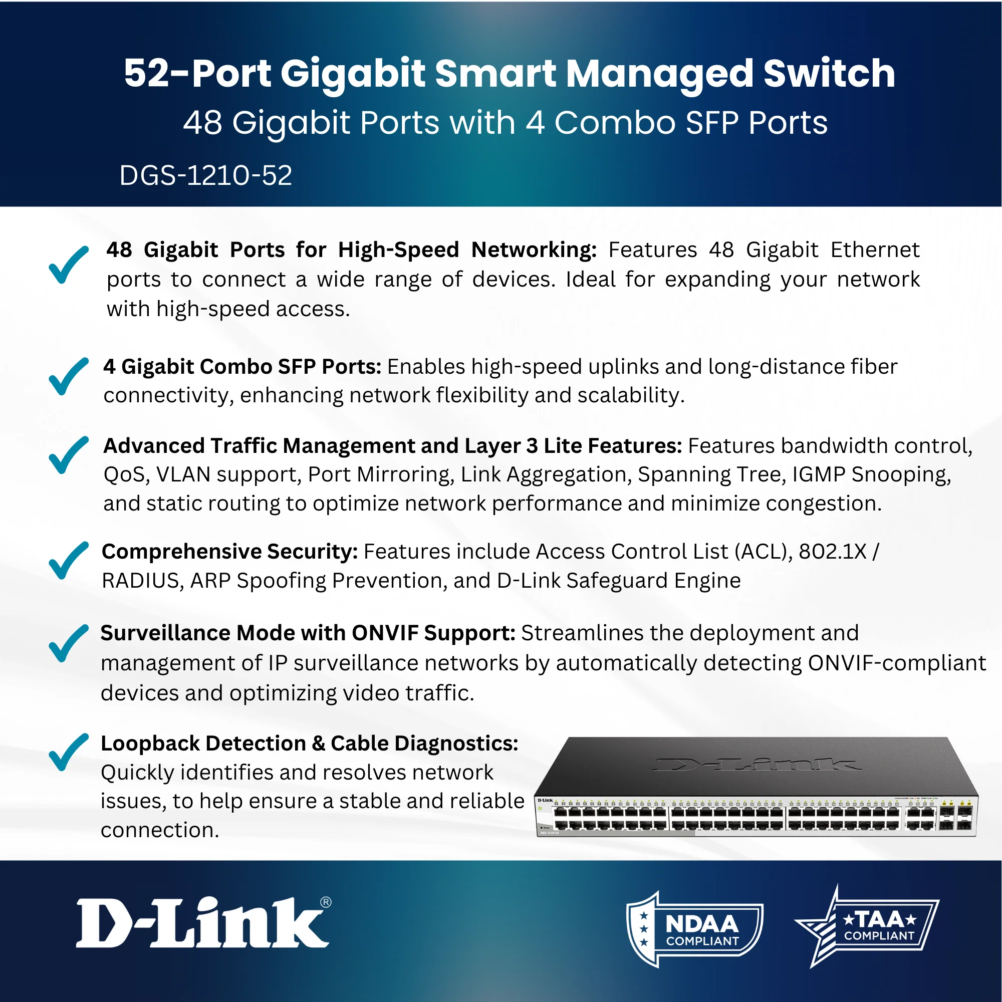 D-Link 52-Port Gigabit Smart Managed Switch (DGS-1210-52), 48 GbE + 4 Combo SFP Ports, L3 Lite , Web Managed, Surveillance Mode, Follows NDAA/TAA - Image 3
