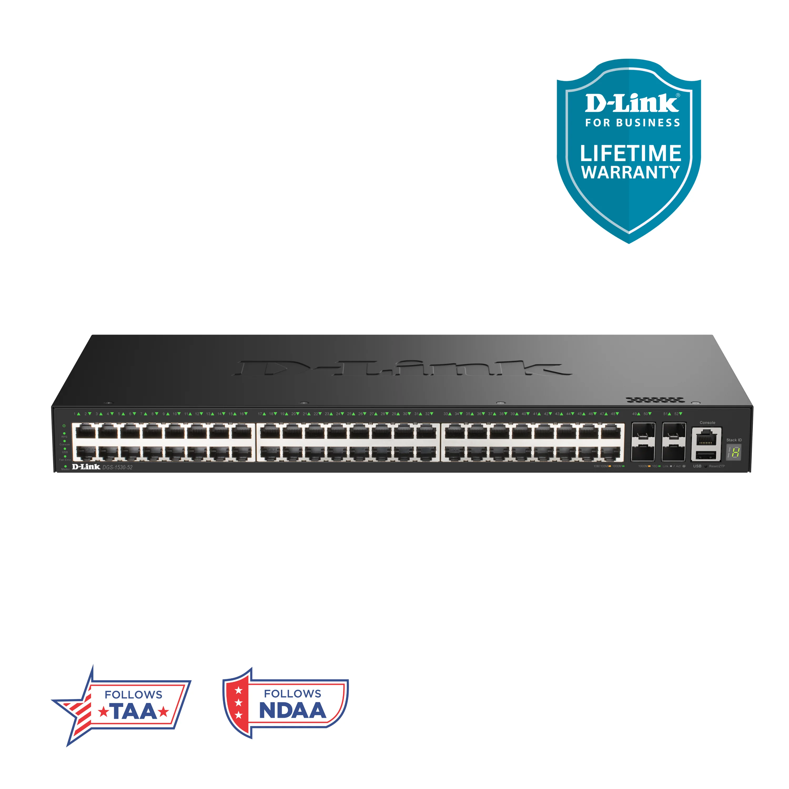 D-Link 52-Port Gigabit Stackable Managed Ethernet Switch with 10GbE Uplinks (DGS-1530-52) | 48x 1GbE Ports + 4x 10GbE SFP+ Ports, L3 Lite, VLANs, Rackmount, Follows NDAA/TAA