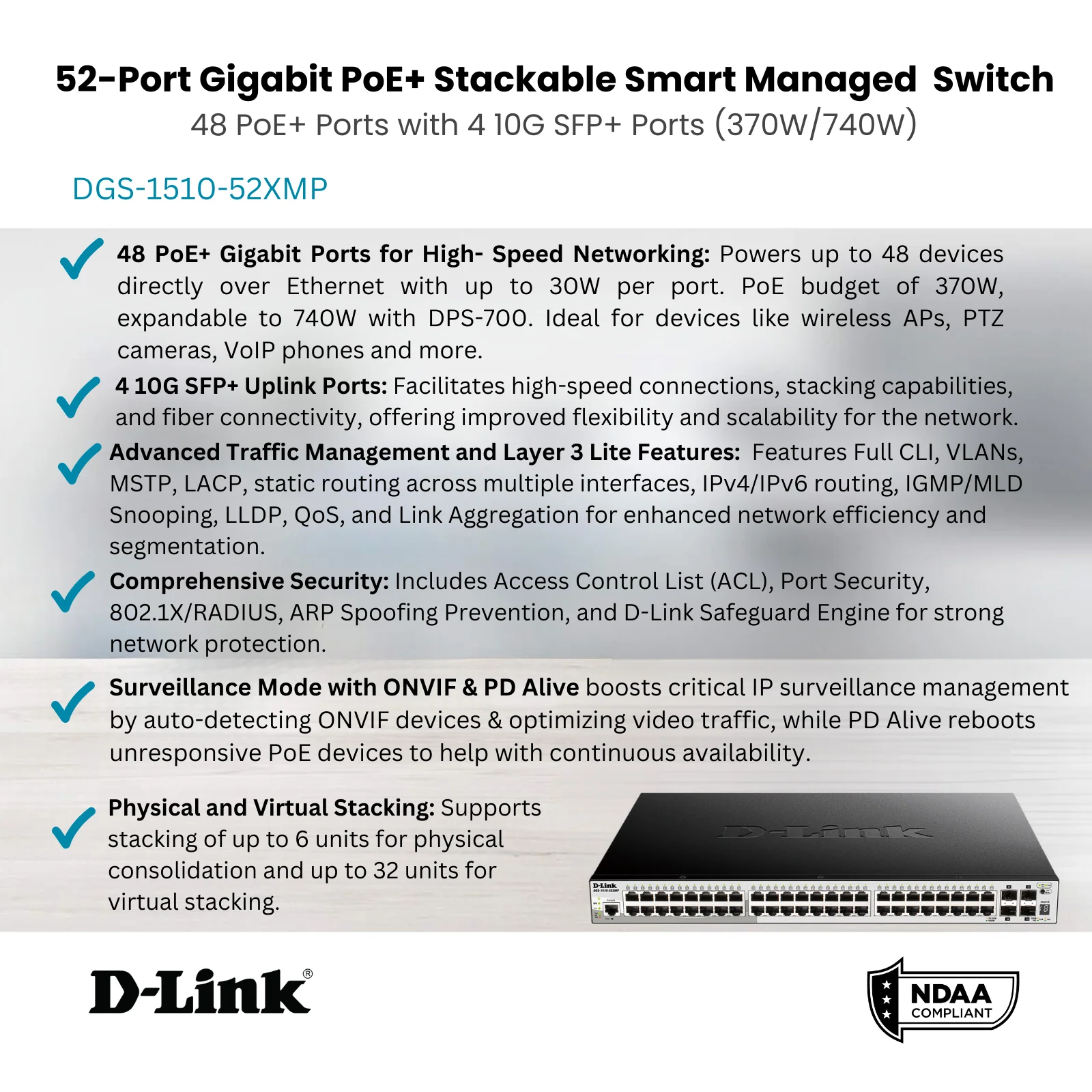 D-Link 52-Port Gigabit Stackable Smart Managed PoE+ Switch with 10G Uplinks | 48 PoE+ Ports (740W) + 4 10GbE SFP+ Ports| L3 Lite (DGS-1510-52XMP) - Image 3
