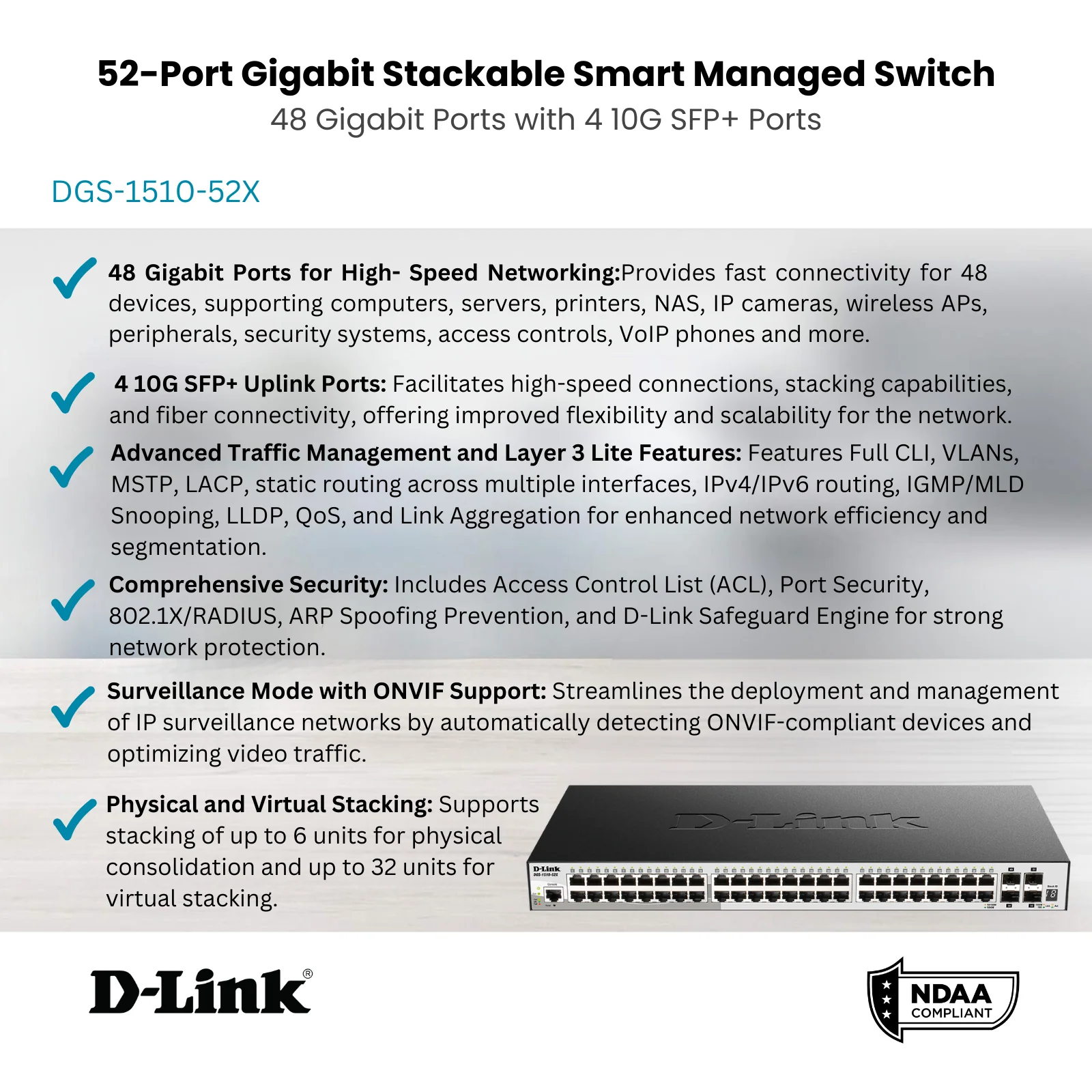 D-Link 52-Port Gigabit Stackable Smart Managed Switch with 10G Uplinks | 48 Gigabit Ports + 4 10GbE SFP+ Ports| L3 Lite |VLANs (DGS-1510-52X) - Image 2