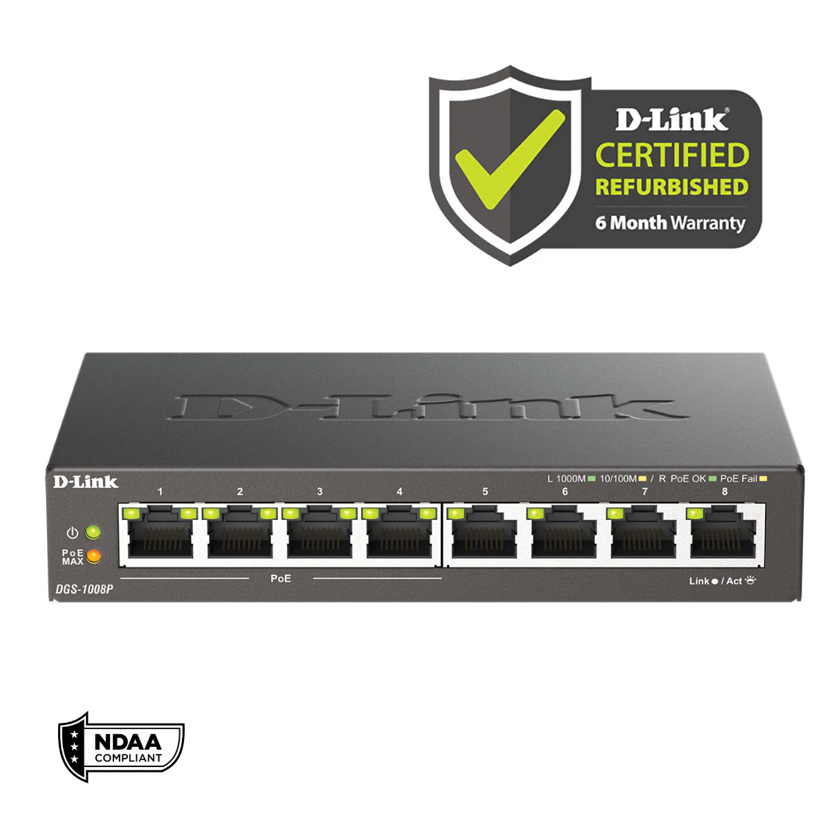 [Certified Refurbished] D-Link 8-Port Gigabit PoE+ Unmanaged Switch | 4 PoE+ Ports (60W Total PoE Budget) | Metal Compact Desktop - (DGS-1008P/RE)