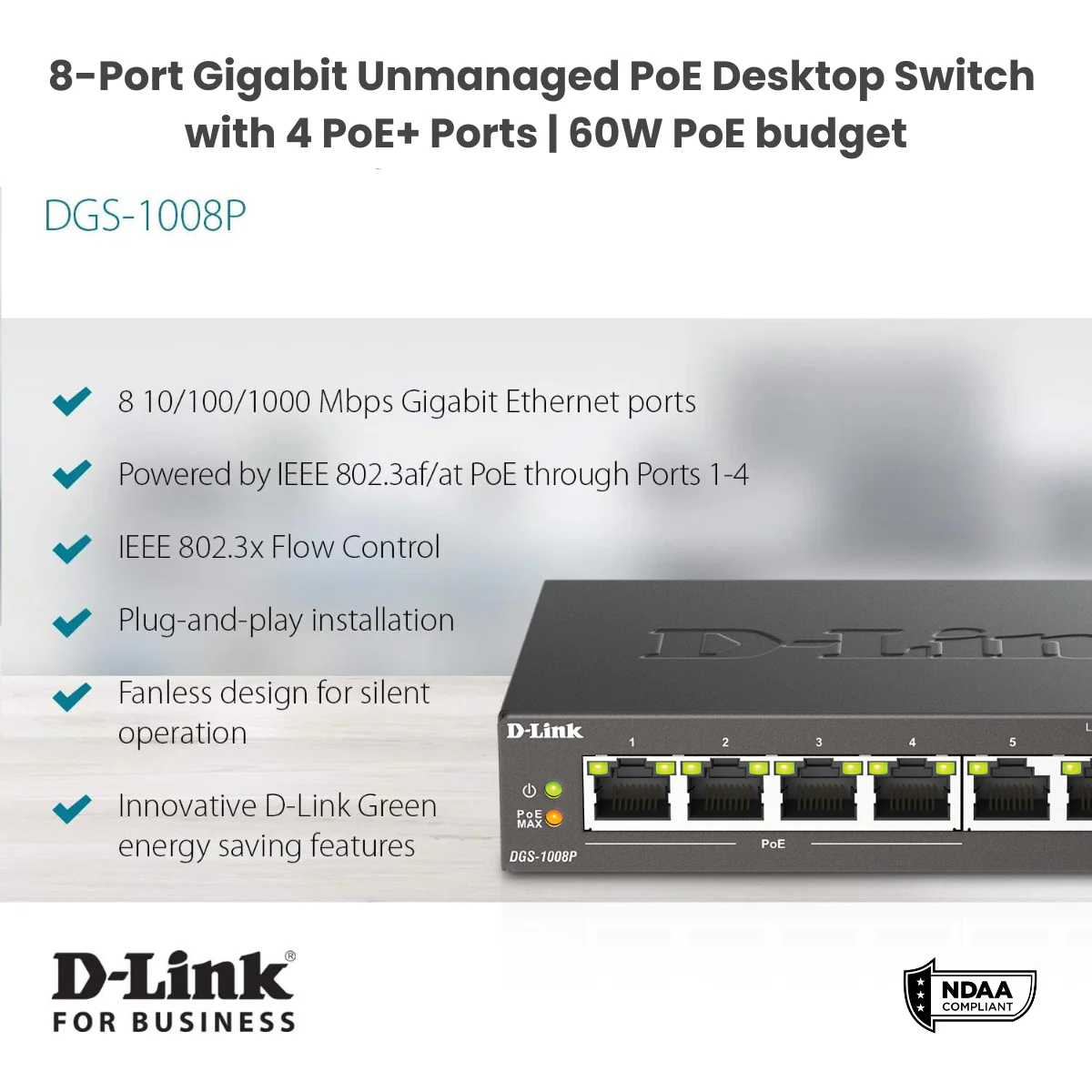 D-Link 8-Port Gigabit PoE+ Unmanaged/Plug and Play Switch (DGS-1008P) 4 PoE+ Ports (60W Total PoE Budget) | Fanless | Metal Compact Desktop - Image 4