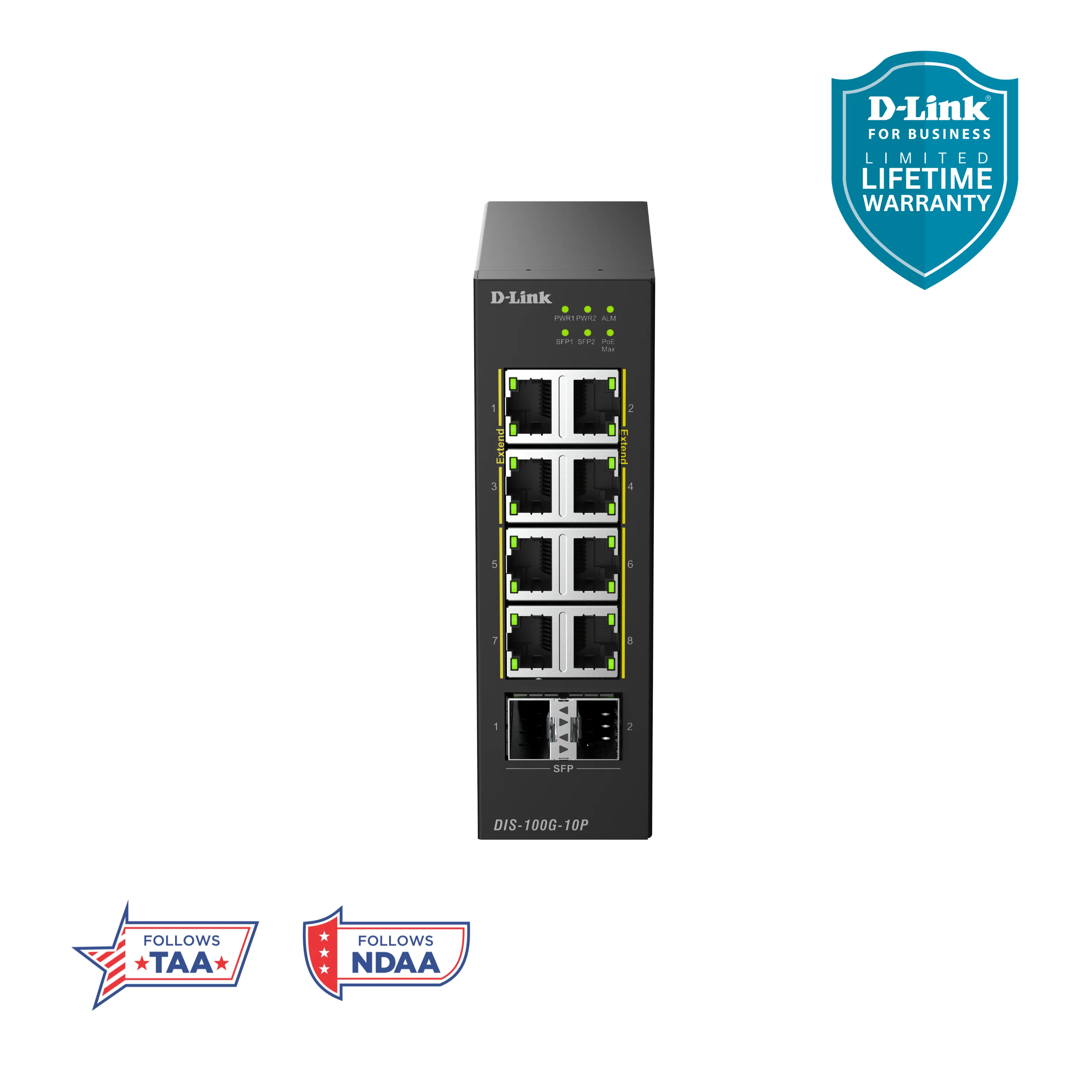 D-Link 10-Port Gigabit Unmanaged PoE+ Industrial Ethernet Switch with SFP (DIS-100G-10P), 8 PoE+ Ports + 2 × 1 GbE SFP Uplinks, 240 W PoE Budget, Dual Power Inputs, Surge Protection, DIN-Rail, Follows NDAA/TAA - Image 11