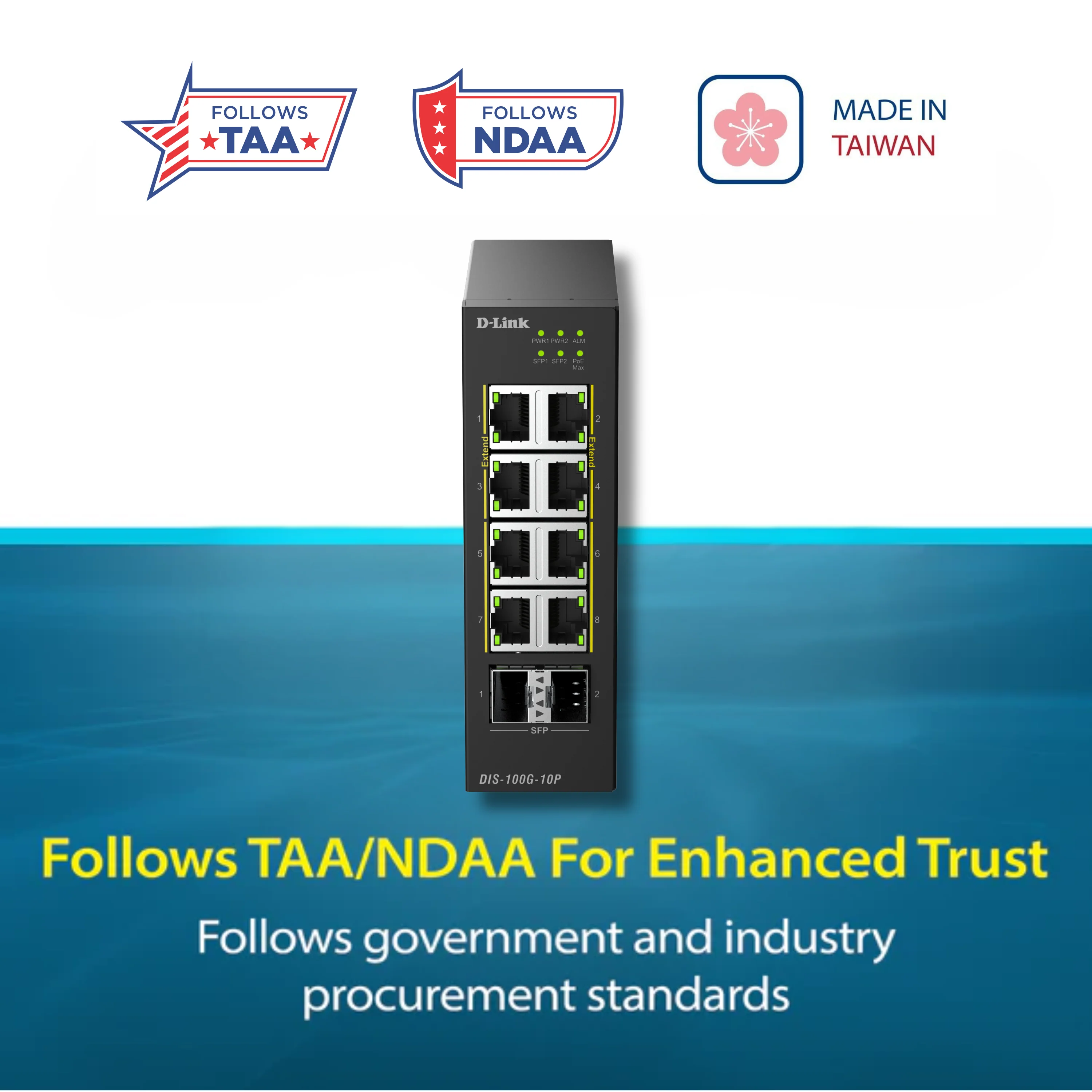 D-Link 10-Port Gigabit Unmanaged PoE+ Industrial Ethernet Switch with SFP (DIS-100G-10P), 8 PoE+ Ports + 2 × 1 GbE SFP Uplinks, 240 W PoE Budget, Dual Power Inputs, Surge Protection, DIN-Rail, Follows NDAA/TAA - Image 12