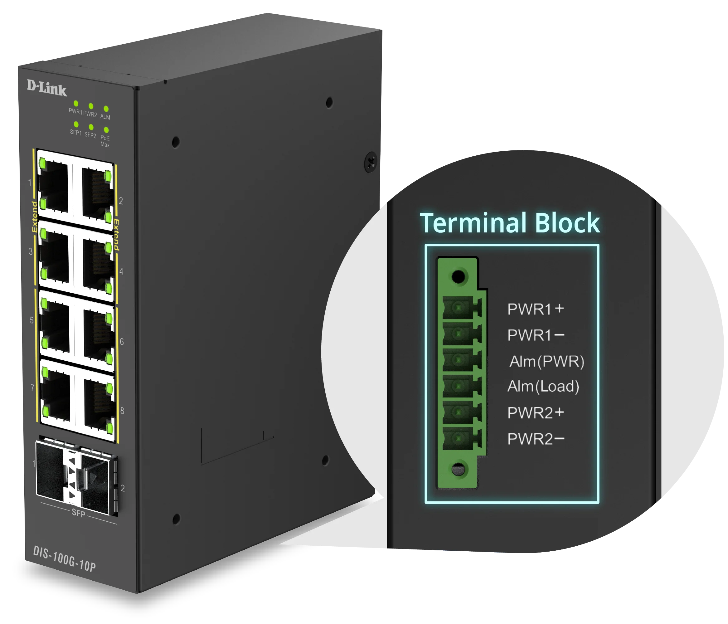 D-Link 10-Port Gigabit Unmanaged PoE+ Industrial Ethernet Switch with SFP (DIS-100G-10P), 8 PoE+ Ports + 2 × 1 GbE SFP Uplinks, 240 W PoE Budget, Dual Power Inputs, Surge Protection, DIN-Rail, Follows NDAA/TAA - Image 3