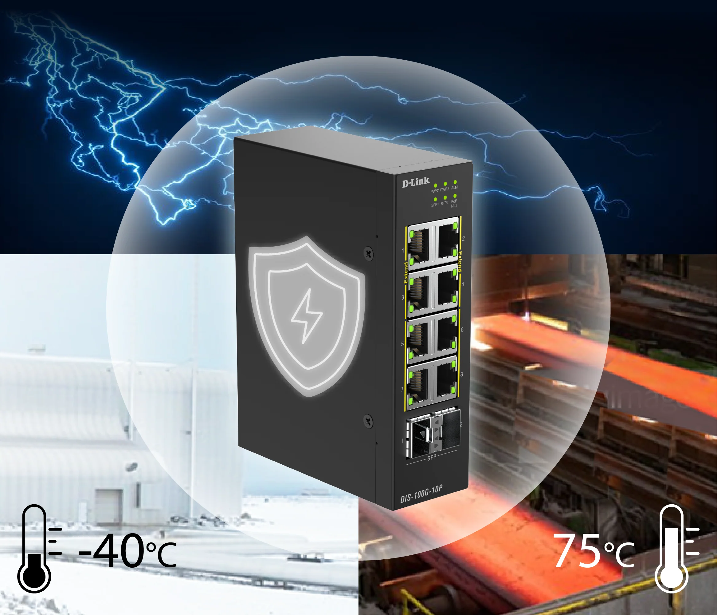 D-Link 10-Port Gigabit Unmanaged PoE+ Industrial Ethernet Switch with SFP (DIS-100G-10P), 8 PoE+ Ports + 2 × 1 GbE SFP Uplinks, 240 W PoE Budget, Dual Power Inputs, Surge Protection, DIN-Rail, Follows NDAA/TAA - Image 4
