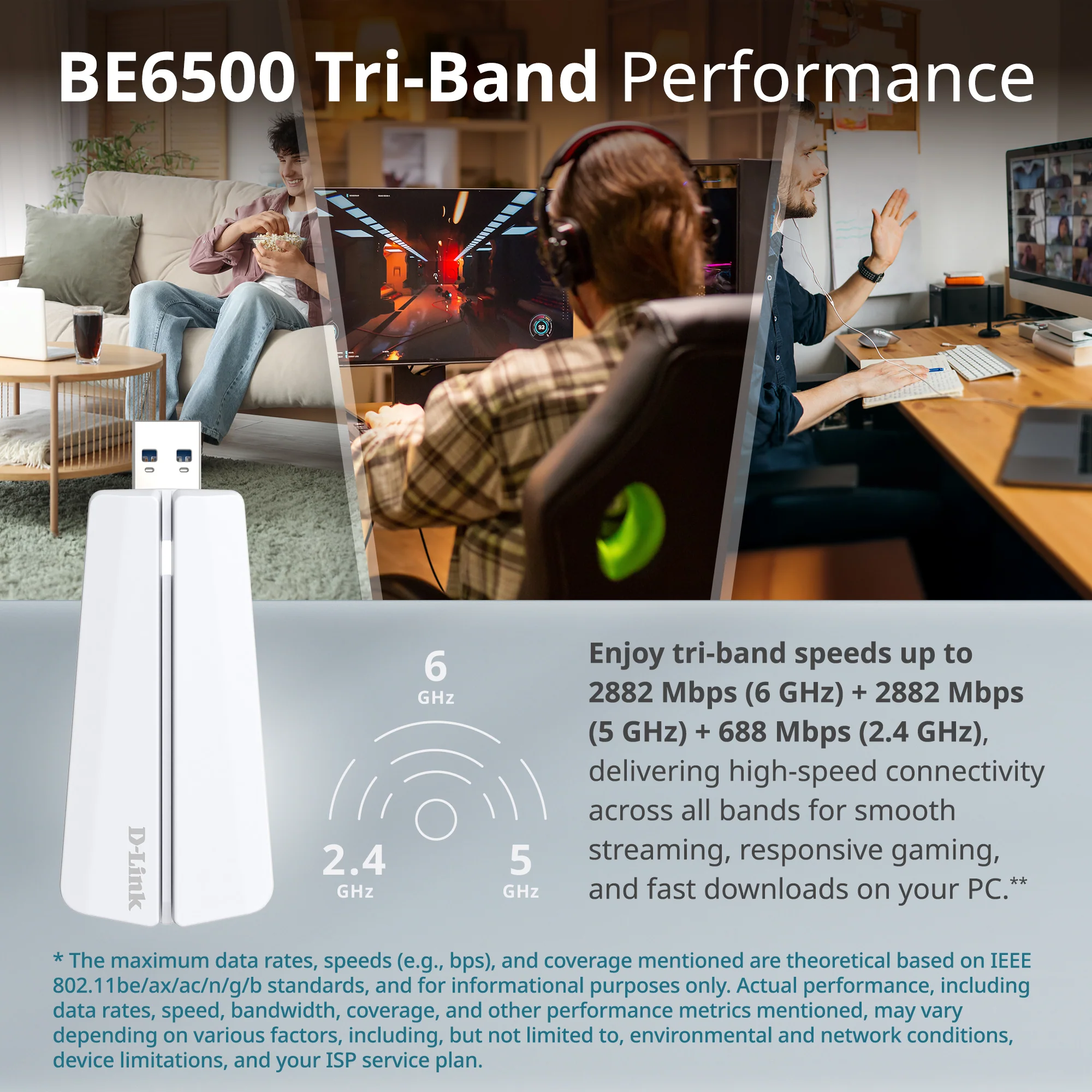 D-Link BE6500 Tri-Band Wi-Fi 7 Wireless USB 3.0 Adapter (AE65U) for Desktop or Laptop PC | 2 x High Gain Antennas, 6GHz, 4K-QAM, 160MHz, WPA3 Enhanced Security, Detachable Cradle, Windows 11, 10 - Image 4