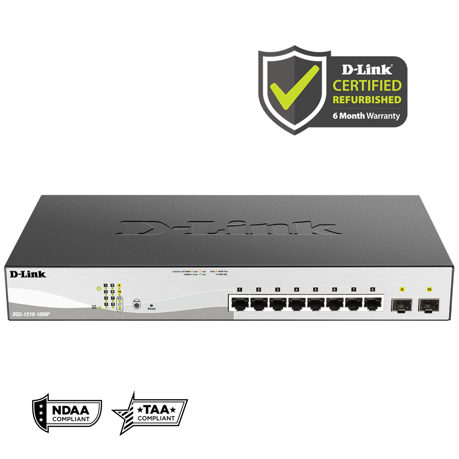 D-Link [Certified Refurbished] 10-Port Gigabit Smart Managed PoE+ Switch (DGS-1210-10MP/RE) 8 PoE+ Ports (130W) + 2 Optical SFP Ports | L3 Lite | NDAA/TAA Compliant