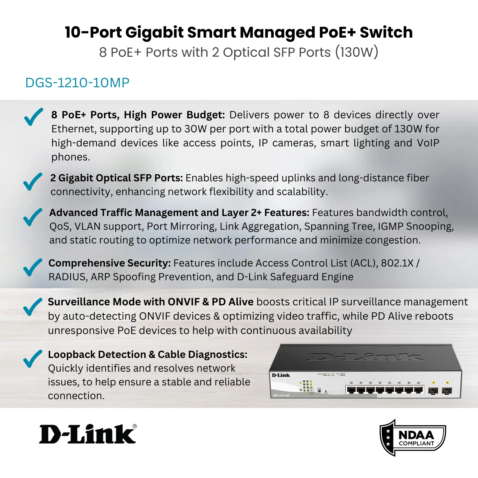 D-Link 10-Port Gigabit Smart Managed PoE+ Switch (DGS-1210-10MP) 8 PoE+ Ports (130W) + 2 Optical SFP Ports | L3 Lite | NDAA/TAA Compliant - Image 6