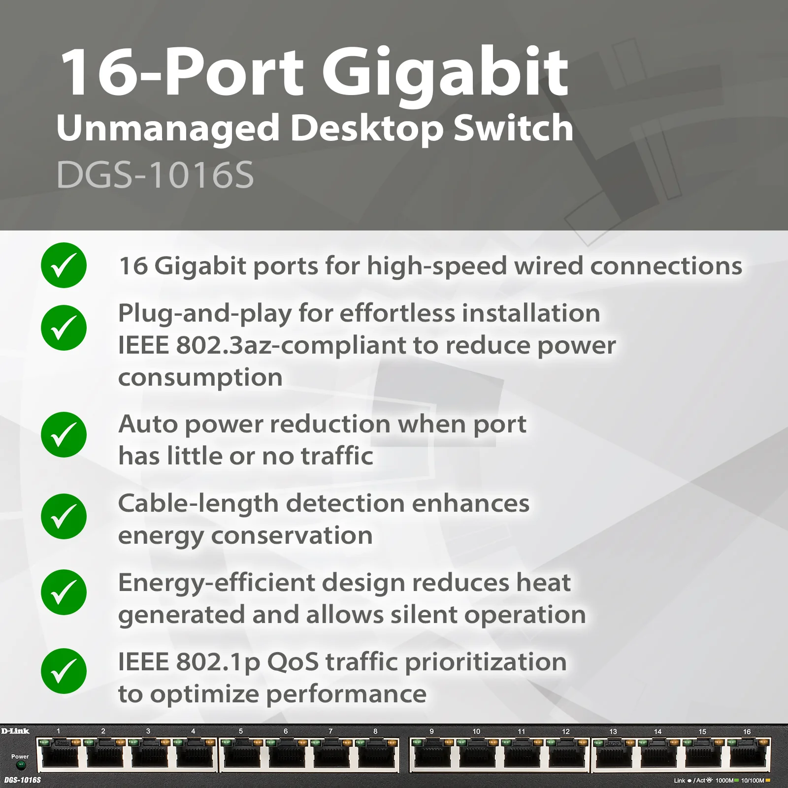 D-Link [Certified Refurbished] 16-Port Gigabit Unmanaged/Plug and Play Switch | Fanless| Slim Metal Compact | Desktop - (DGS-1016S/RE) - Image 5