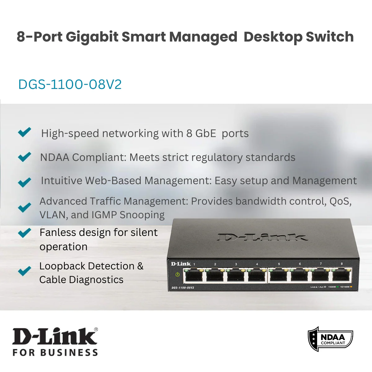 D-Link 8-Port Gigabit Smart Managed Switch | Web Managed | Cable Diagnostics | Fanless | Compact Metal Desktop | NDAA Compliant - (DGS-1100-08V2) - Image 3