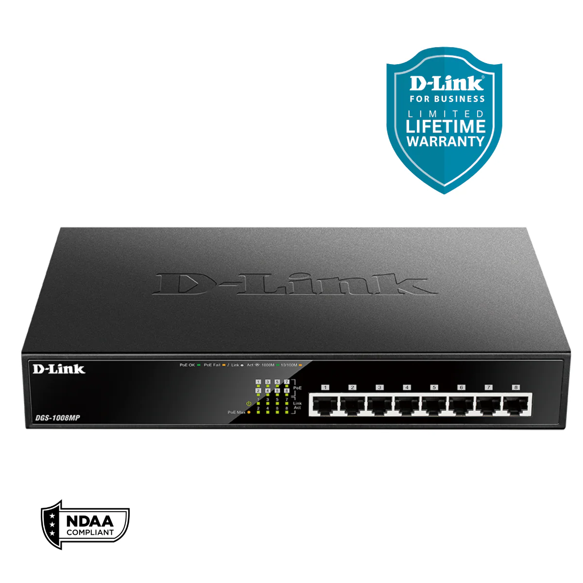 D-Link 8-Port Gigabit PoE+ Unmanaged/Plug and Play Switch | 8 PoE+ Ports (125W PoE Power Budget) | Desktop/Rackmount | Fanless - (DGS-1008MP)
