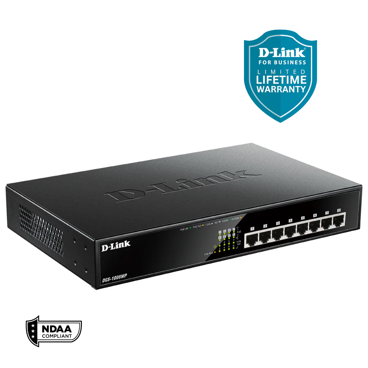 D-Link 8-Port Gigabit PoE+ Unmanaged/Plug and Play Switch | 8 PoE+ Ports (125W PoE Power Budget) | Desktop/Rackmount | Fanless - (DGS-1008MP) - Image 2