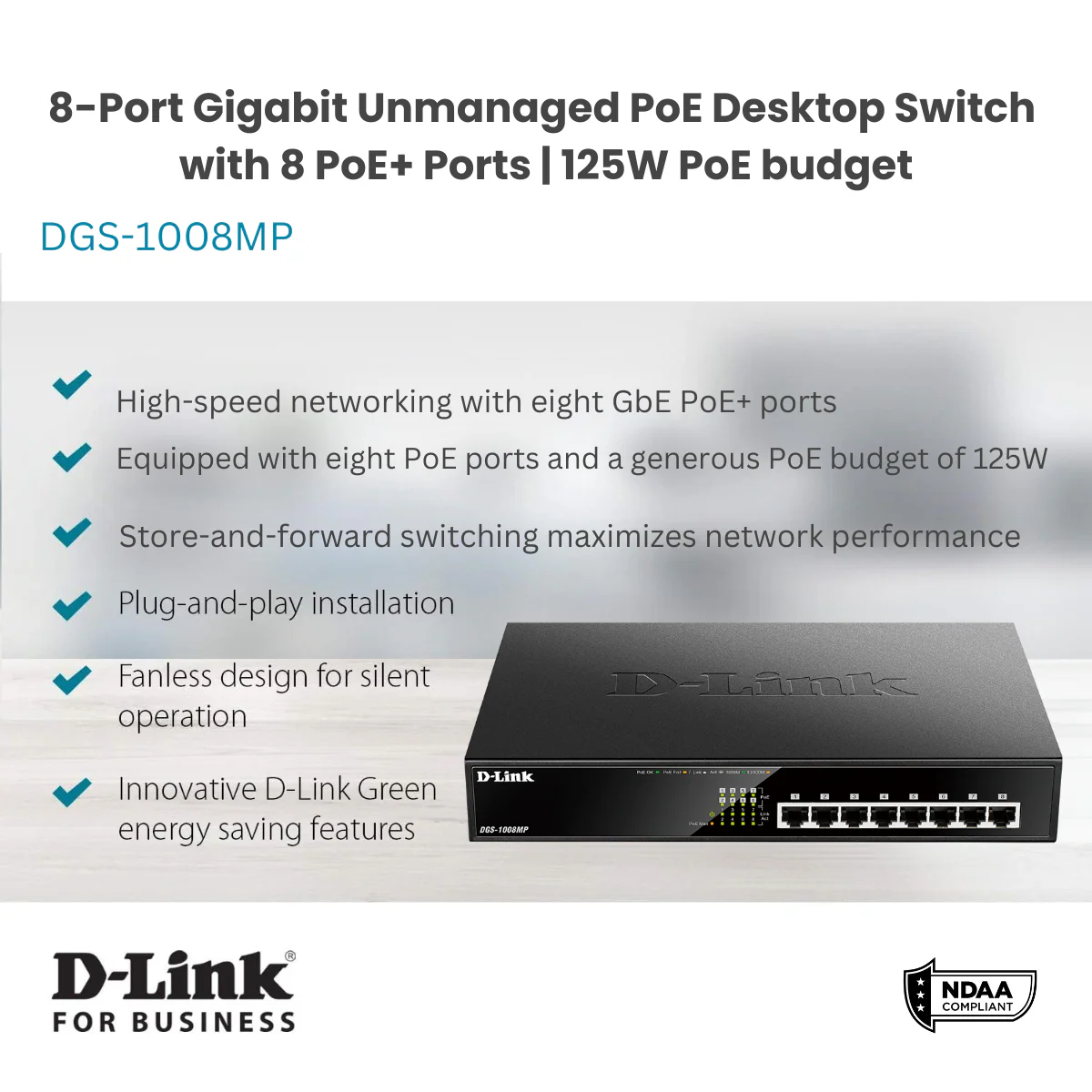 D-Link 8-Port Gigabit PoE+ Unmanaged/Plug and Play Switch | 8 PoE+ Ports (125W PoE Power Budget) | Desktop/Rackmount | Fanless - (DGS-1008MP) - Image 3