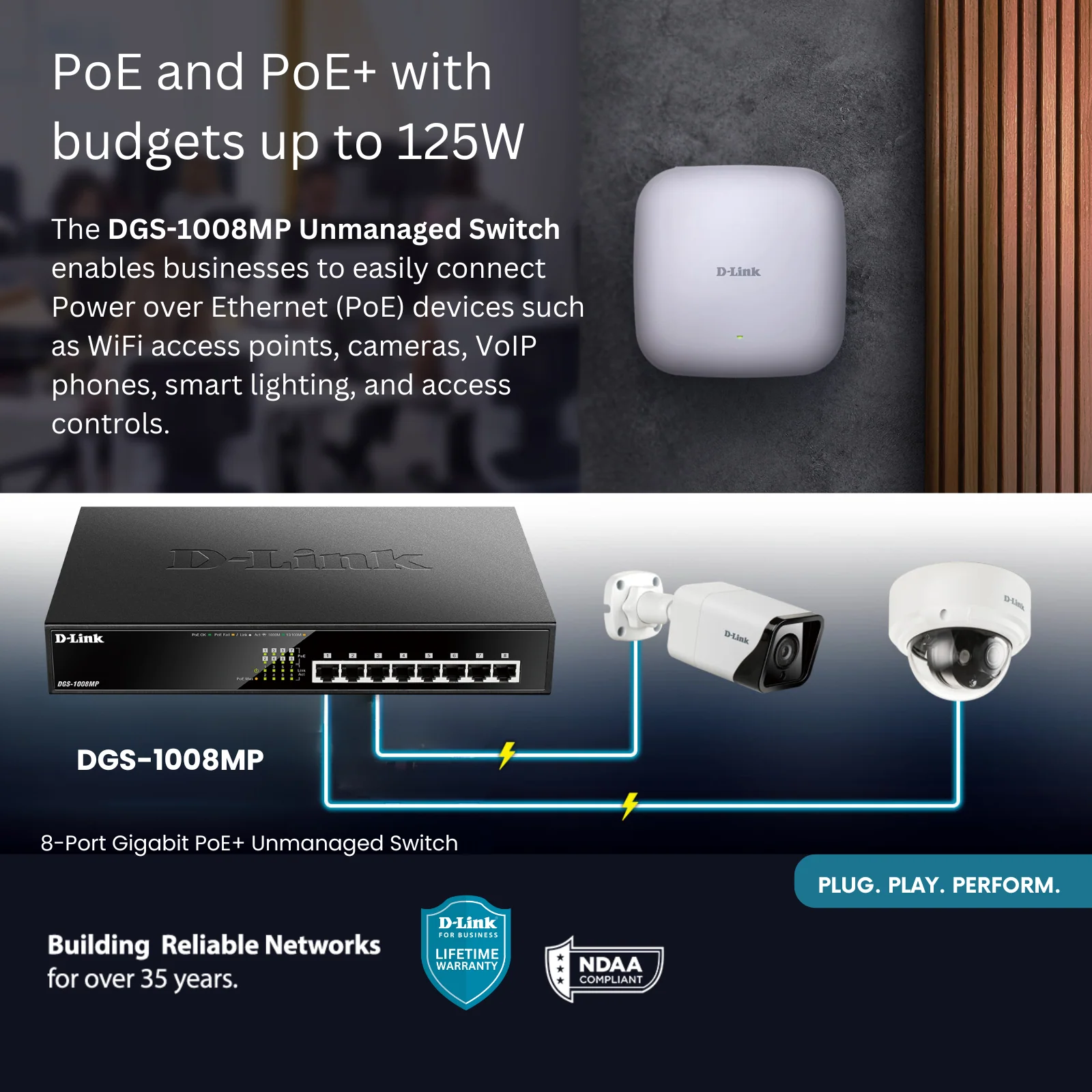 D-Link 8-Port Gigabit PoE+ Unmanaged/Plug and Play Switch | 8 PoE+ Ports (125W PoE Power Budget) | Desktop/Rackmount | Fanless - (DGS-1008MP) - Image 4