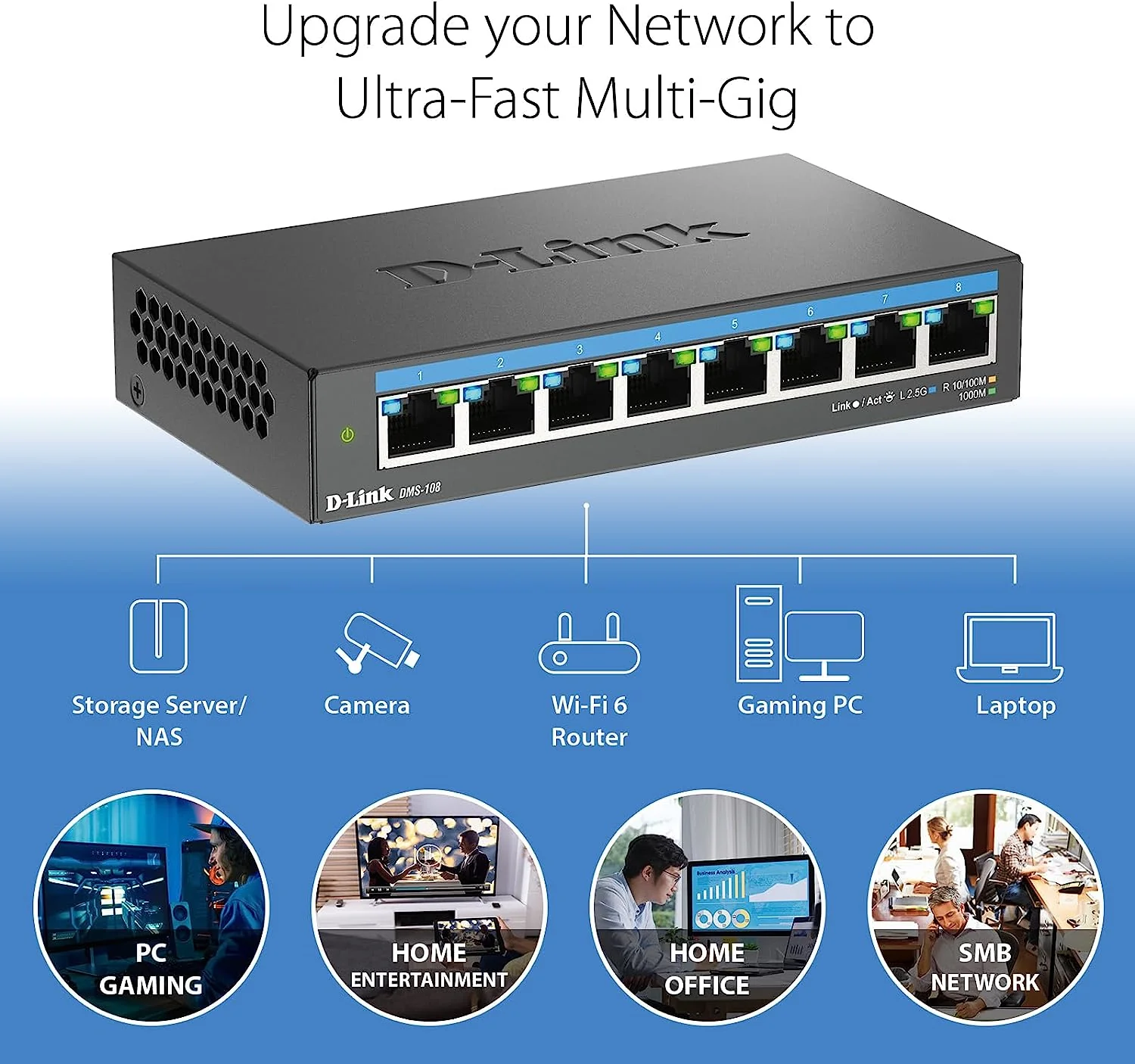 D-Link 8-Port 2.5Gb Unmanaged Gaming Switch (DMS-108) with 8 x 2.5G - Multi-Gig, Network, Fanless, Plug & Play, Follows NDAA/TAA, Limited Lifetime Warranty - Image 3