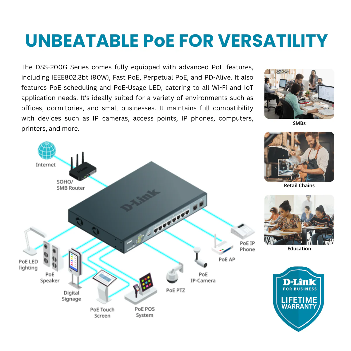 D-Link 10-Port Gigabit PoE++ Smart Managed Switch (242W PoE Budget) with 2 SFP Ports - (DSS-200G-10MPP) - Image 3